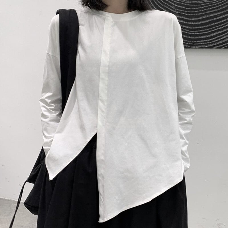 Asymmetry Slit Band-Collar T-Shirt【TR3139】