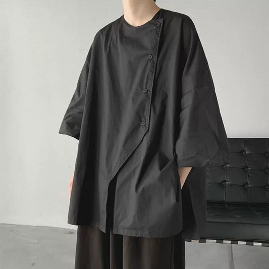 Asymmetric Button Black T-shirt【TR3371】