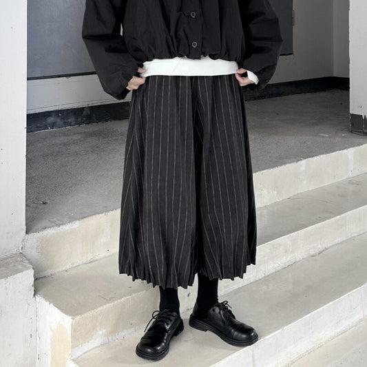 Stripe Cropped Hem-Pleats Pants【TR3222】