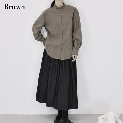 Stand-Collar Pleats Collared Shirt【TR3118】