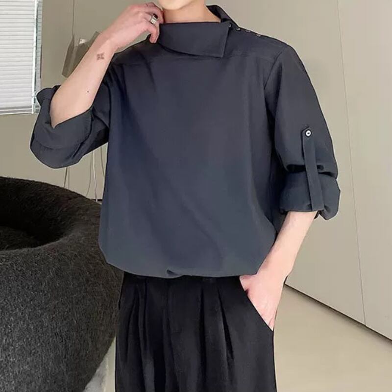 Asymmetric Button Collar T-shirt【TR3353】