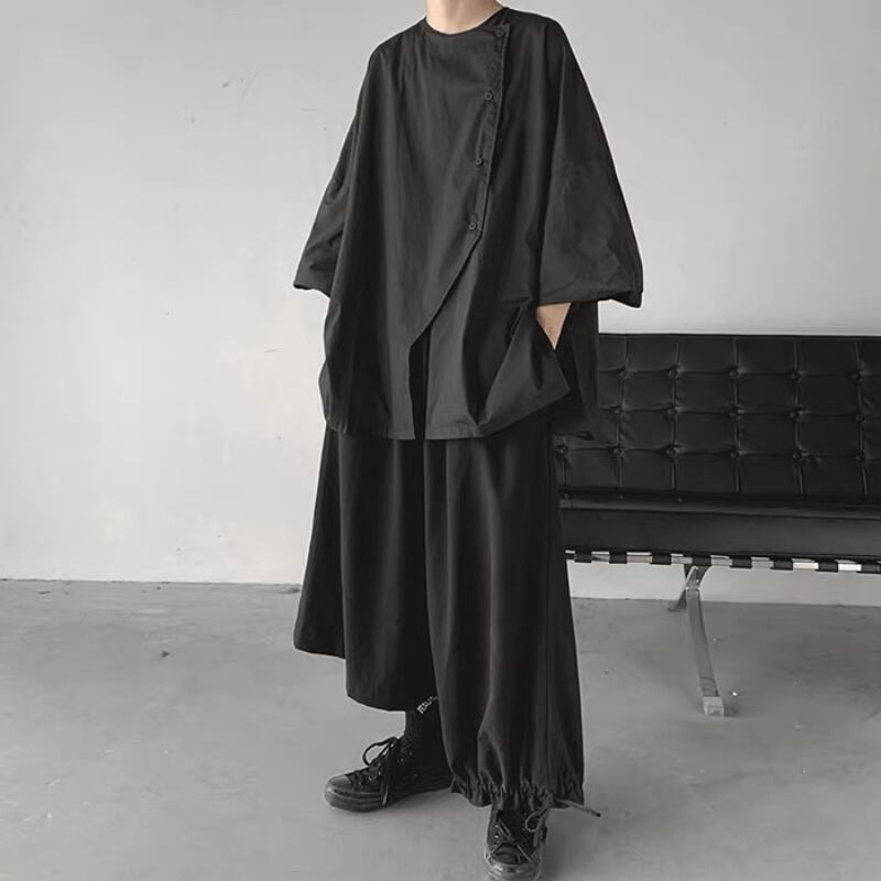 Asymmetric Button Black T-shirt【TR3371】