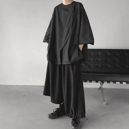 Asymmetric Button Black T-shirt【TR3371】