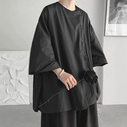 Asymmetric Button Black T-shirt【TR3371】
