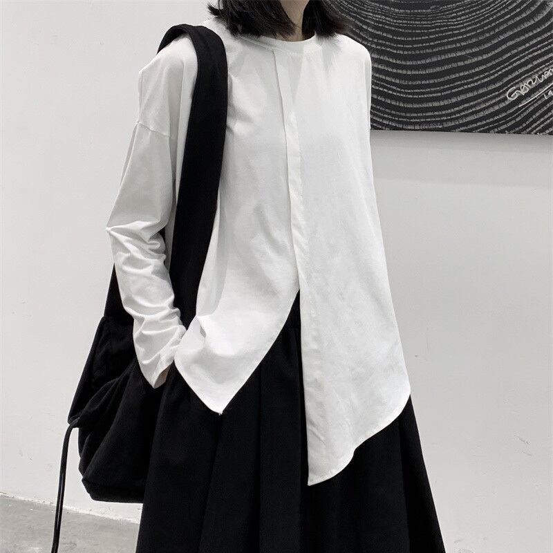 Asymmetry Slit Band-Collar T-Shirt【TR3139】