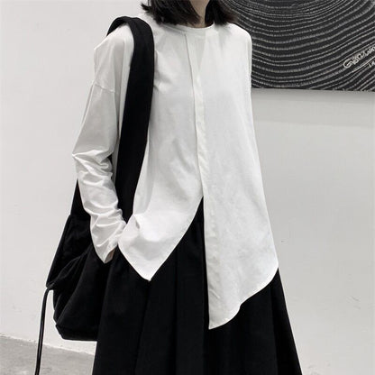 Asymmetry Slit Band-Collar T-Shirt【TR3139】