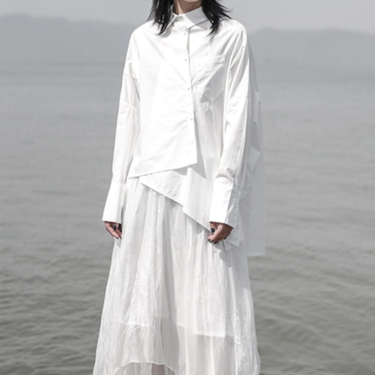 〈Unisex〉Irregular Back-slit Shirt【TR1421】