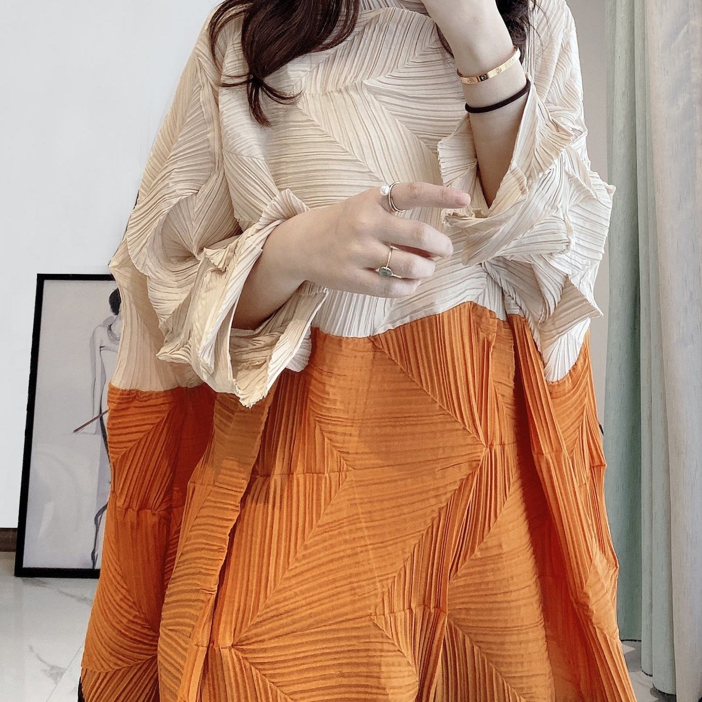 Tricolor Wrinkled All-in-one Dress【TR1454】
