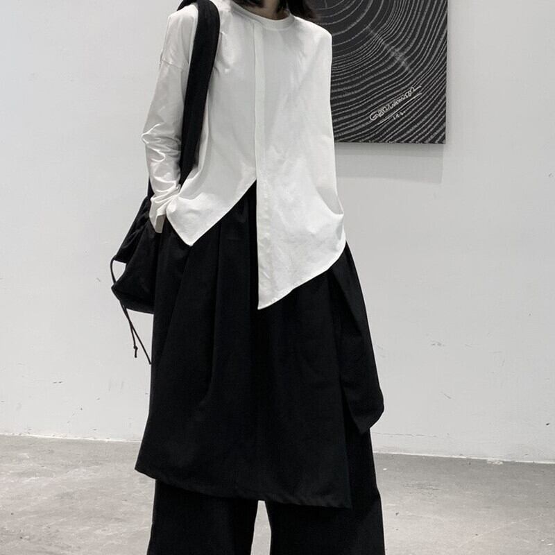 Asymmetry Slit Band-Collar T-Shirt【TR3139】