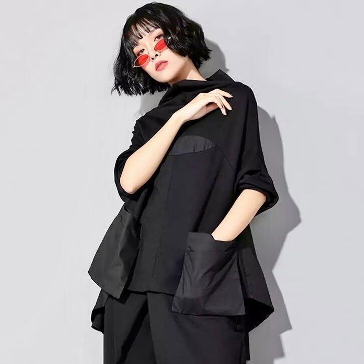 Stand Collar Patchwork T-Shirt【TR1409】