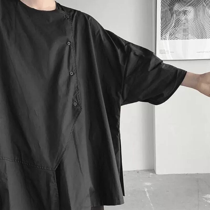 Asymmetric Button Black T-shirt【TR3371】