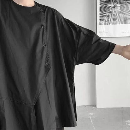 Asymmetric Button Black T-shirt【TR3371】