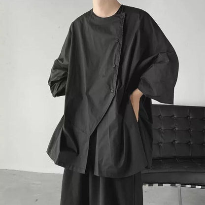 Asymmetric Button Black T-shirt【TR3371】