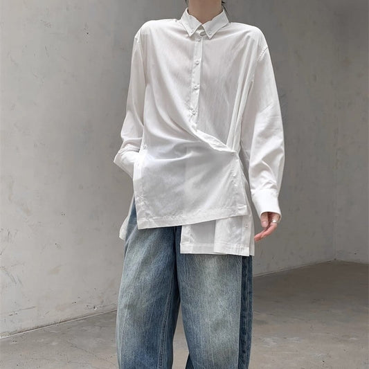 Side-Button Drape Collared Shirt【TR3124】