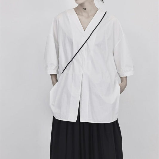V-Neck Oversize Collared Shirt【TR3110】