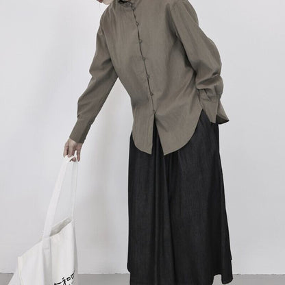 Stand-Collar Pleats Collared Shirt【TR3118】