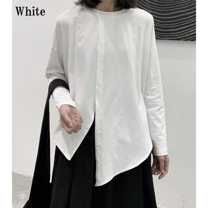 Asymmetry Slit Band-Collar T-Shirt【TR3139】