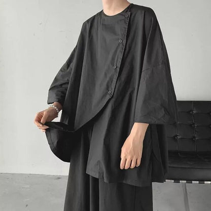 Asymmetric Button Black T-shirt【TR3371】