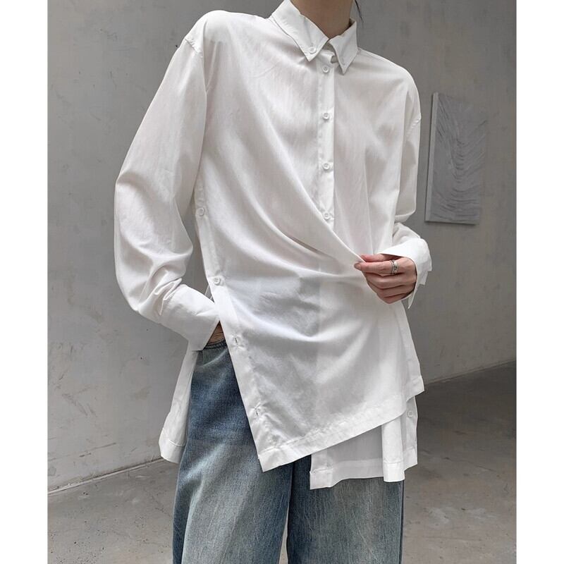 Side-Button Drape Collared Shirt【TR3124】
