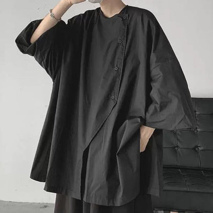 Asymmetric Button Black T-shirt【TR3371】