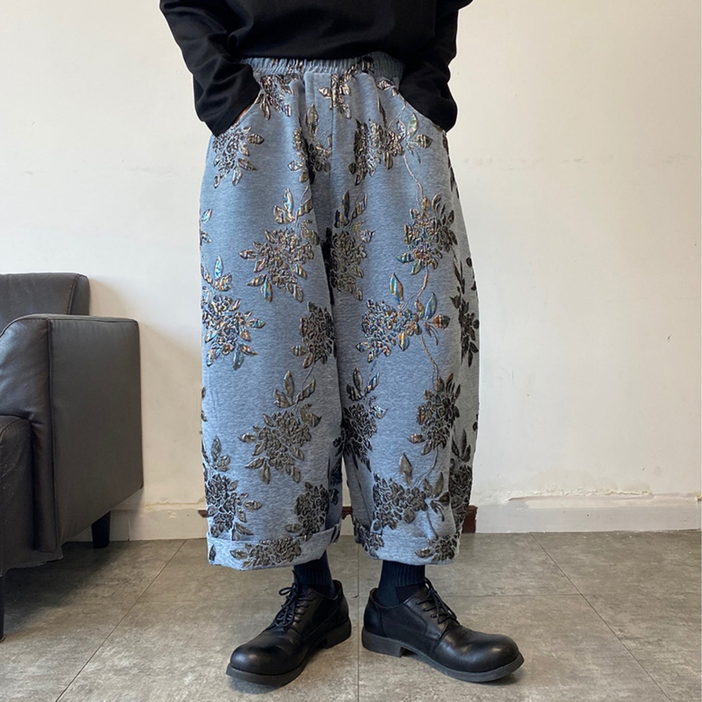 Floral Embroidered Ankle Wide Pants【TR3317】