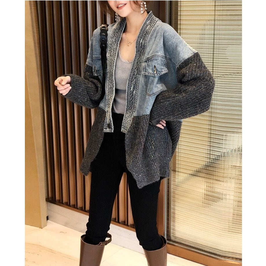 Patchwork Denim Sweater Jacket【TR3022】