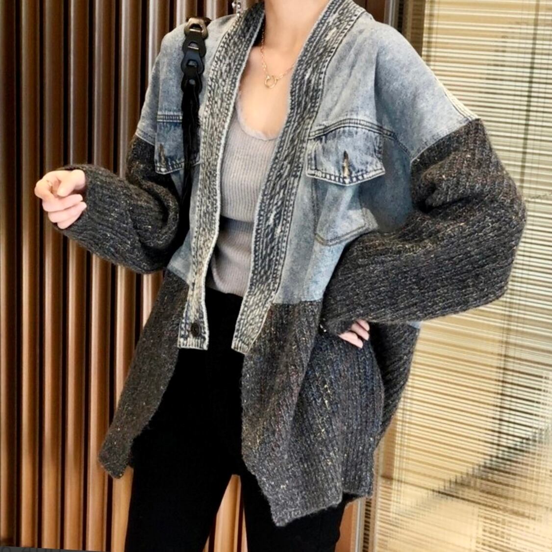 Patchwork Denim Sweater Jacket【TR3022】