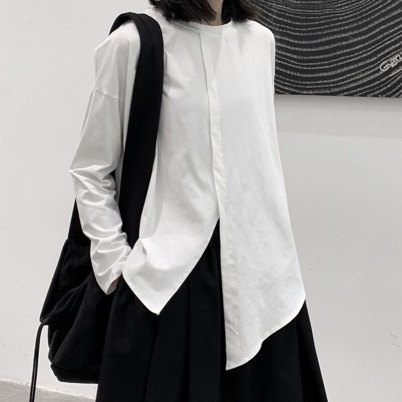 Asymmetry Slit Band-Collar T-Shirt【TR3139】