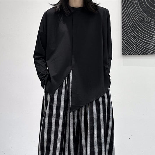Asymmetry Slit Band-Collar T-Shirt【TR3139】