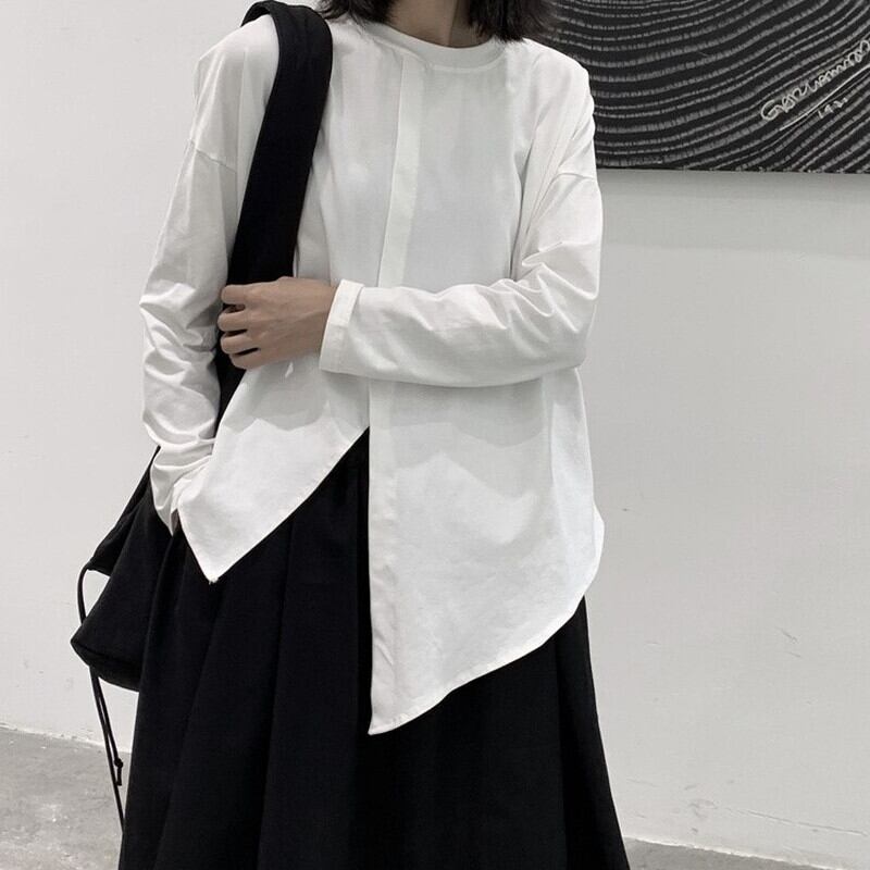 Asymmetry Slit Band-Collar T-Shirt【TR3139】