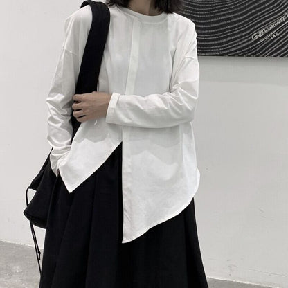 Asymmetry Slit Band-Collar T-Shirt【TR3139】